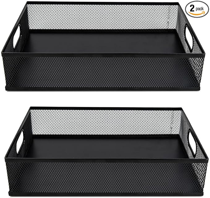 2 Pack Desk Organizer Tray,Metal Mesh Desk Tray with Handle, Portable Desktop Storage,Office File Organizer for Papers, Magazines, Crafts, Office Supplies