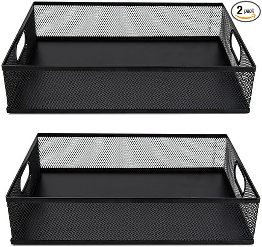 2 Pack Desk Organizer Tray,Metal Mesh Desk Tray with Handle, Portable Desktop Storage,Office File Organizer for Papers, Magazines, Crafts, Office Supplies