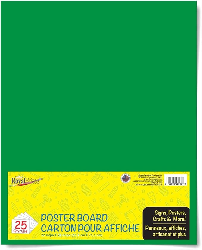 Royal Brites Green Poster Board, 2-Sided, Water & Fade Resistant, for School Projects, Arts & Crafts, Signs & Presentations, 22x28 in, 25 Sheets, Premium Paper, Large Display Board