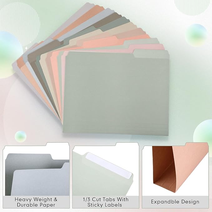24 Pcs File Folders 9.5x11.6 Inch Manilla Folders Letter Size with 1/3 Cut Tabs 12 Colored Office Home School Organizers for Documents, Classroom Supplies and Paper Storage (Retro Color)