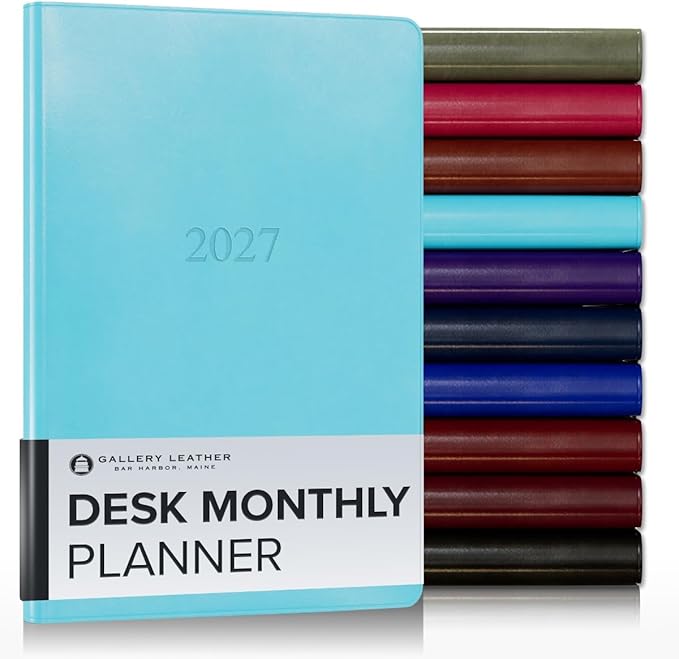 Gallery Leather Desk Monthly Planner 2027, Elegantly Bound Calendar Planner and Notebook with Stylish Gold-Gilded Page Edges, 18 Months - Acadia Pool - 8x5.5"