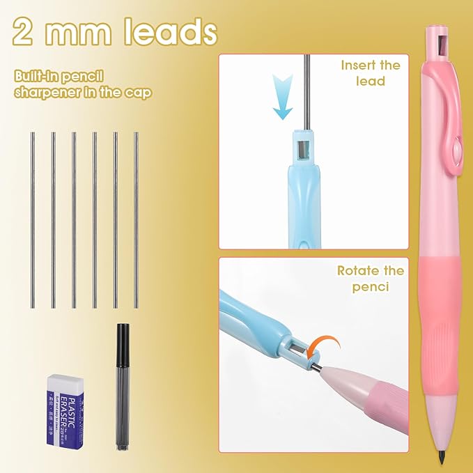 Mechanical Pencils Thick Pencils with Comfort Ergonomic Grip, Aesthetic Supplies with 6 Leads Refills, 2 Pcs Erasers - 6 Pcs Colorful 2.0MM Pencil for Writing & Drawing