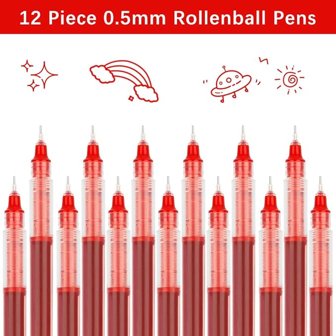 Back to School Backpack Essentials Red Pens Red Liquid Ink Rollerball Pens Writing Pen Red Ink Pen 12 PCS Fine Tip Fine Point Smooth for School 0.5 Pens Fine Point