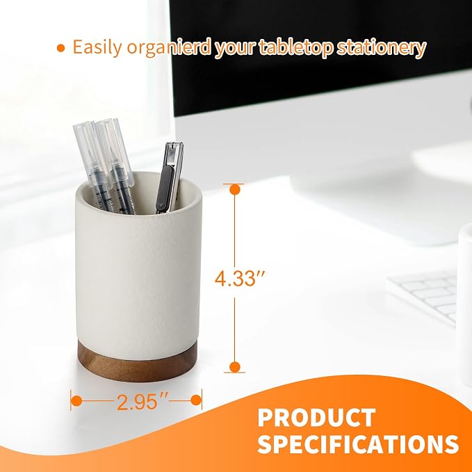 Ceramic Pen Holder for Desk, Pencil Cup Organizer and Makeup Brush Holder, Pen Cup Office Desk Accessories(White,Set / 1)