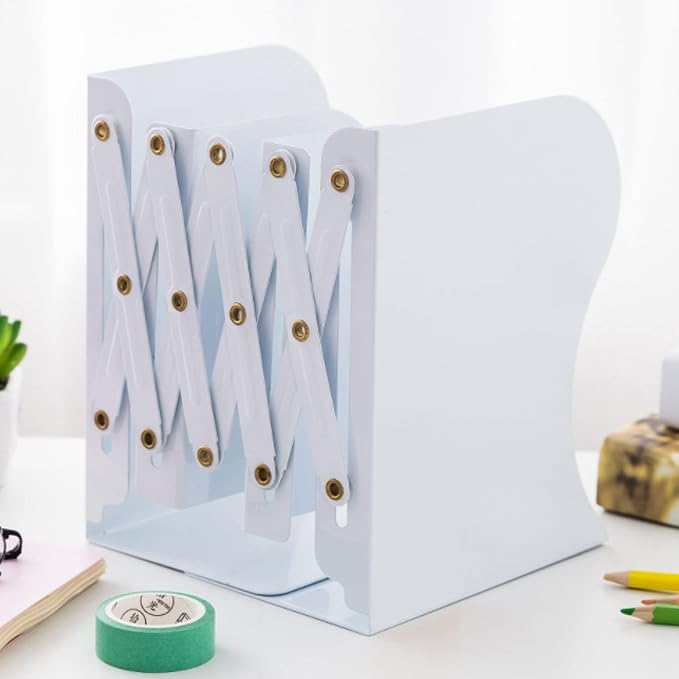 Adjustable Metal Bookends Heavy Duty for Shelves, 2 Dividers, Anti-Slip Design Expandable Book Ends for Desk, Office(White, 19 inches Max)