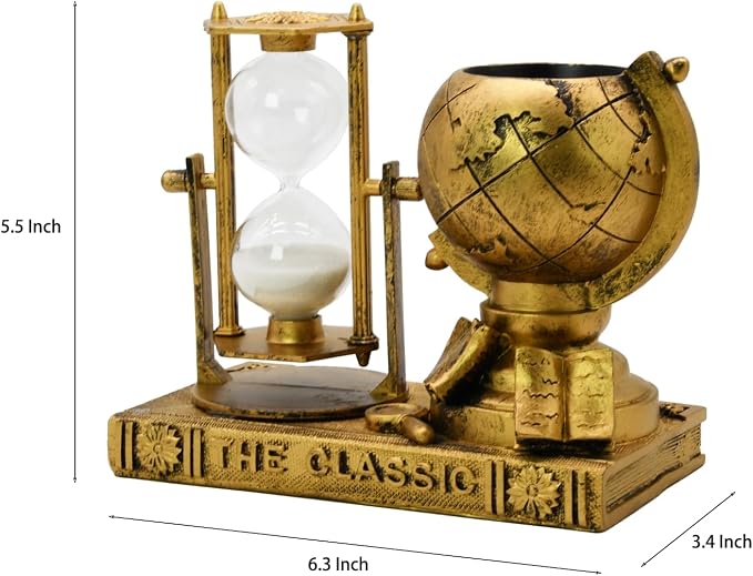 Owlgift Globe-Themed Pencil Holder with Hourglass, Resin Desktop Organizer for Office & Study, Pen Holder with Sand Timer, Classic Globe Addition Scissors Storage, Artistic Gift for Travel Lovers
