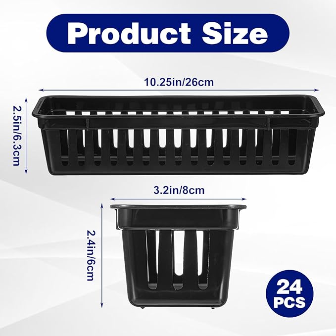 Kifmurase 24PCS Slim Storage Baskets Tray, 10x3x2.4 Inch Flat Plastic Storage Bin, Stackable Narrow Rectangular Desk Drawer Organizer Trays for Makeup Bathroom Kitchen Office Desktop Supplies(Black)