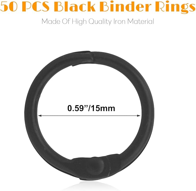 100 Pack 2/3 Inch Binder Rings, Black Book Rings Index Card Ring, Metal Ring Binder Clips Key Rings Paper Rings for Office, School, Home (Black, 15mm)