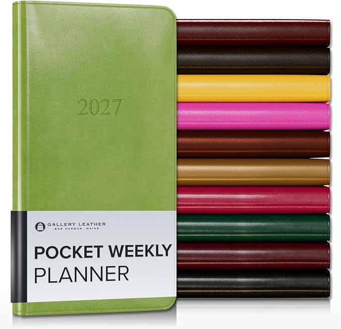 Gallery Leather Pocket Weekly Monthly Planner 2027, Elegantly Bound Calendar Planner and Notebook with Stylish Gold-Gilded Page Edges, 12 Months - Acadia Lime - 6x3.25"