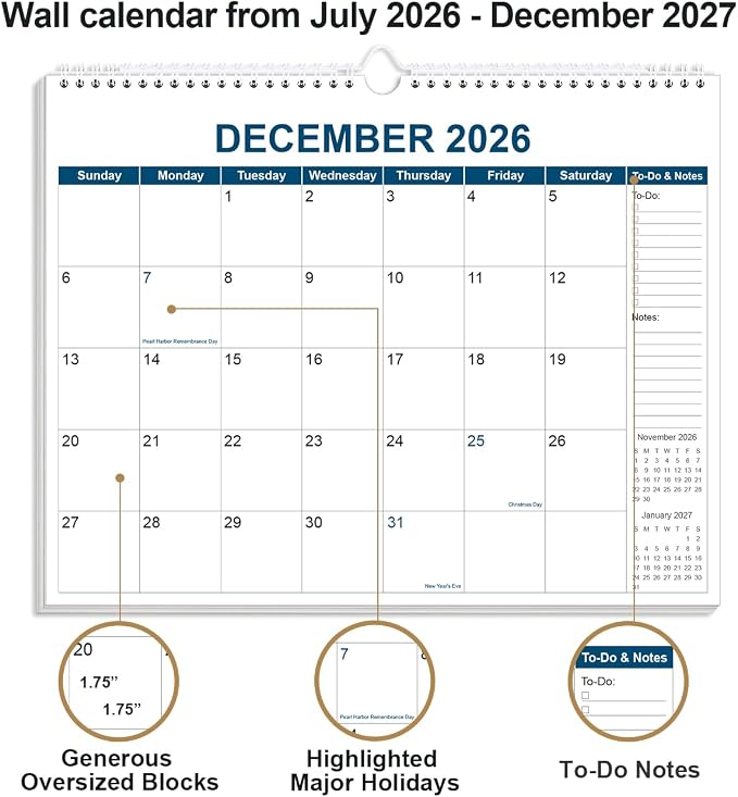 Calendar 2026-2027 - Wall Calendar from July 2026 to December 2027, 2026-2027 Wall Hanging Calendar Planner with Thick Paper, 12" x 14.5", Blue
