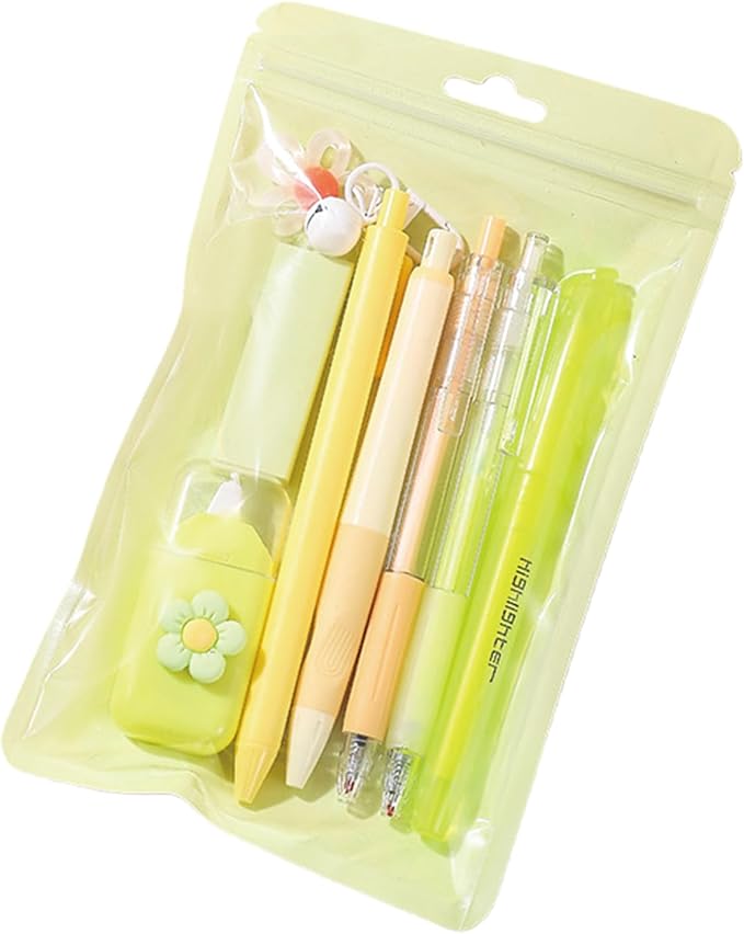 MOZXIRZ 8 Pcs Cute Yellow Stationery Set for Girls Boys Women Back to School Supplies Office Supplies Kawaii Candy Colors Stationery Gift Including Pen Pencil Highlighter Eraser (Yellow)