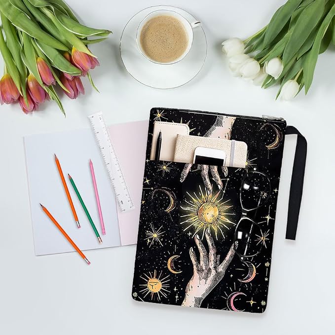 1pc Book Sleeve with Zipper 13.4x9.45 inches(34x24cm) Hands and Sun Book Pouches Book Covers Washable Fabric Book Protectors for Book Lovers