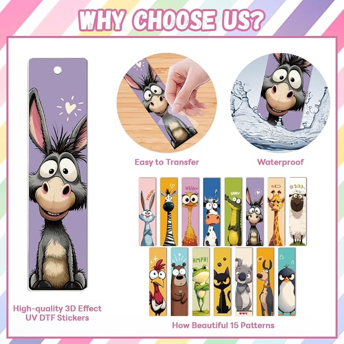 Peacoblue 30pcs UV DTF Bookmarks Transfer Stickers Wraps Interesting Animals for Women Men Reading, Waterproof Bookmarkers Decal(No Blank Bookmarks) for Acrylic Plastic Metal Blank Bookmark