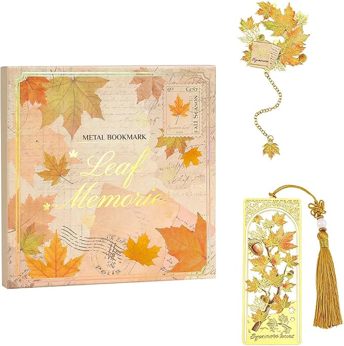 icceemee 2PCS Maple Leaf Theme Bookmark, Cute Bookmark for Women with Hollow-Out Square & Irregular Design, Natural Tassel Book Marks Set in Gift Box, for Book Lovers