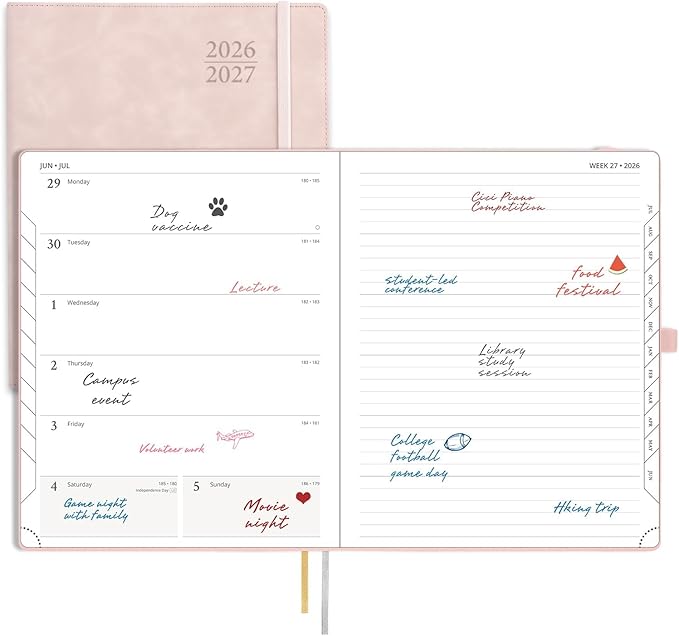 POPRUN Weekly Planner 2026-2027 (Large 8.5''x 10.5'') Academic Calendar (JUL.26 - JUN.27) Appointment Book with Monthly Tabs, Leather Soft Cover, Inner Pocket, 100 GSM - Pink
