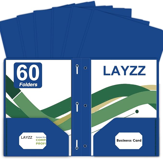 Two Pocket Folders with Prongs, LAYZZ 60 Pack Poly Plastic Folders, Heavy Duty Plastic Folders with Pockets and Prongs, Letter Size, for Offices and Schools (Blue)