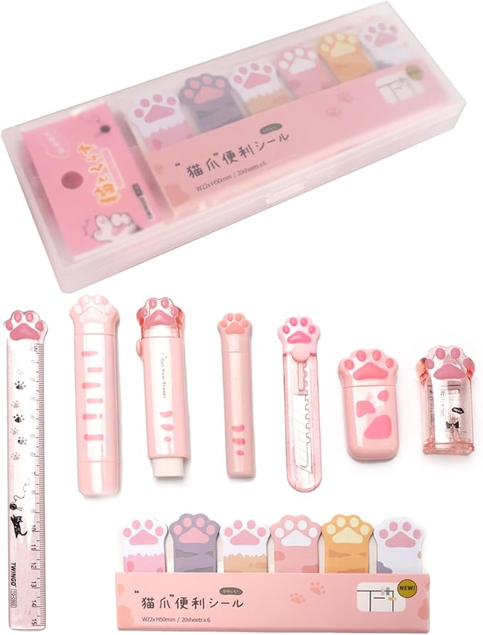 9 Pcs Cute Cat Paw Stationery Set Pencil Sharpener Retractable Eraser Correction Tape Sticky Notes Ruler Mini Scissors Utility Cutter School Office Supplies (Pink1)