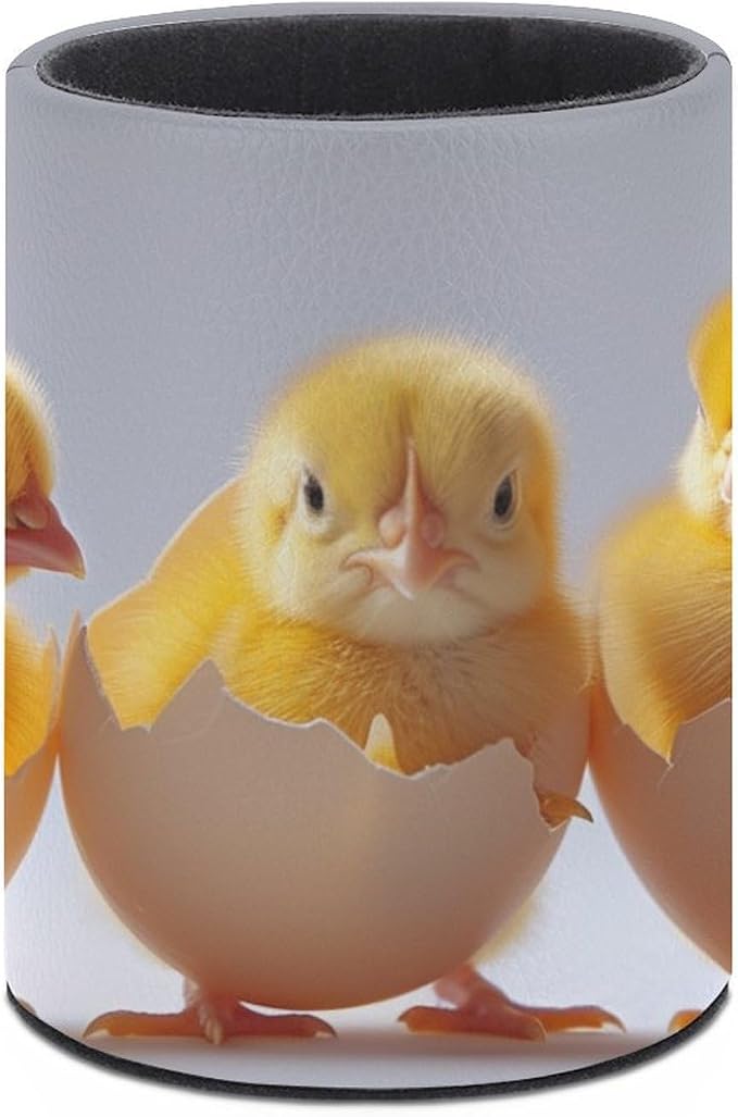 Lots of Chicks in Eggshells Pencil Holder Round Pen Cup Funny Animal PU Leather Marker Holder Makeup Brush Holders Desk Accessories Workspace Organizers for Home School Office