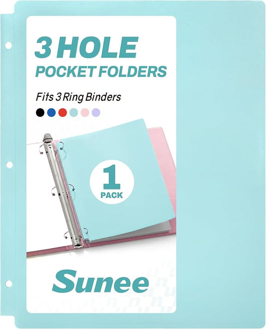 SUNEE 3 Hole Pocket Folders (1 Pack, Light Blue), Plastic Pocket Folders for 3 Ring Binder, 3-Hole Punched Folder with Pockets, for Kids, Students, Teachers, Office Staff