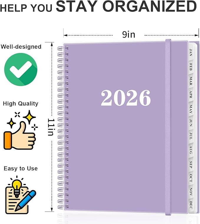 2026 Planner - Weekly and Monthly Planner from Jan 2026 - Dec 2026, Spiral Planning 2026 with 12-Month Tabs, Inner Pocket, 8.5" x 11", Purple