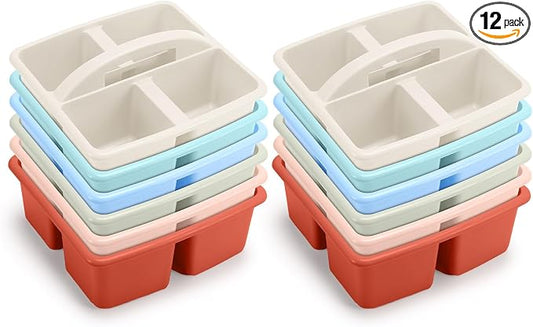 Lineshading 12 Pack Plastic Classroom Caddy - 4 Compartment Organizer Boho Color Table Caddy with Handles for School Home Office Supplies