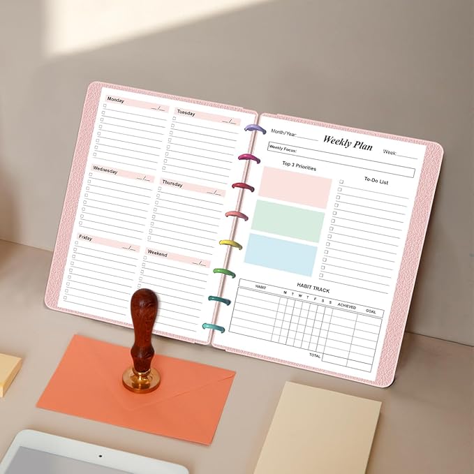 Weekly Planner Undated Refills - Junior Size 53 Sheets/106 Pages Colorful Weekly Planner for 8-Disc Discbound, 100 gsm White Paper, Lasts 1 Year, Undated, 5.8" x 8.3"