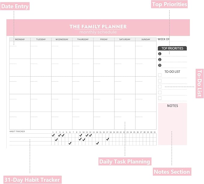 Monthly Planner Notepad with 52 Monthly Blank Calendar Sheets - 7"x10" Undated Format for Flexible Planning & Goal Tracking, Undated Blank Calendar Design for Custom Monthly Scheduling, Pink