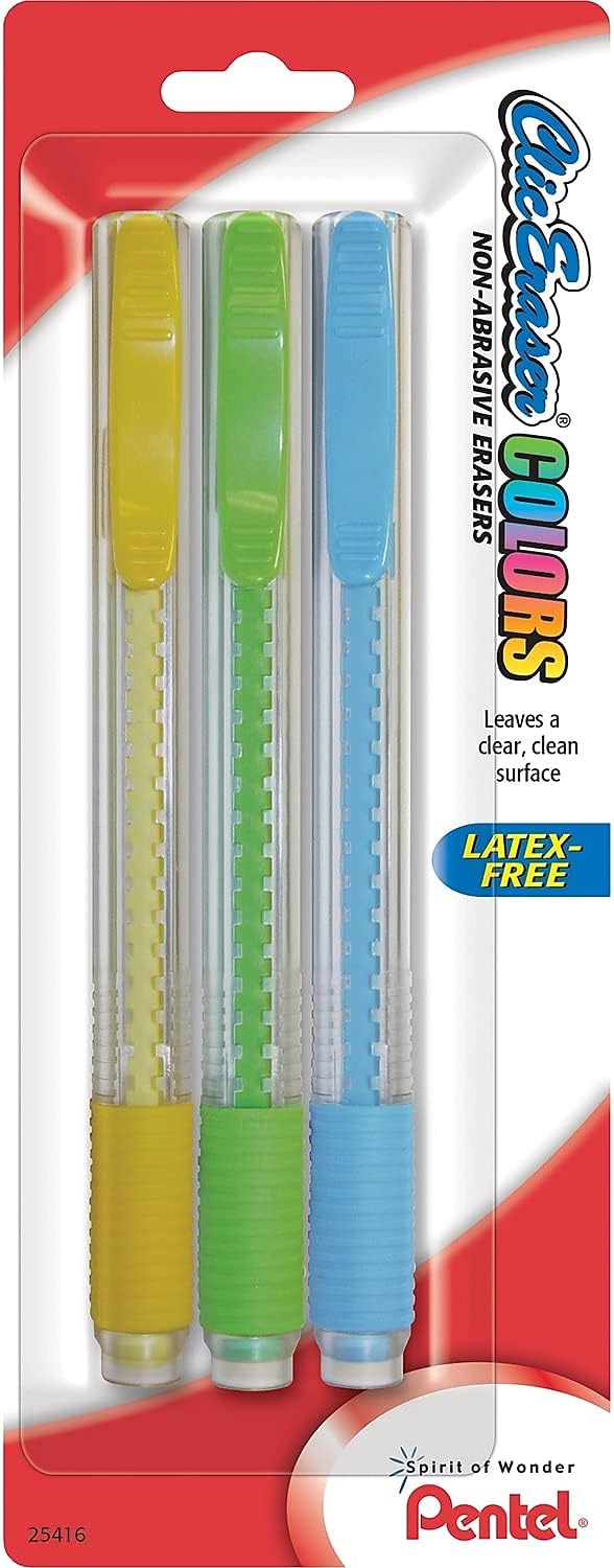 Pentel ZE21TBP3M Clic Eraser Pencil-Style Grip Eraser Assorted 3/Pack, Polyvinyl Chloride (PVC)