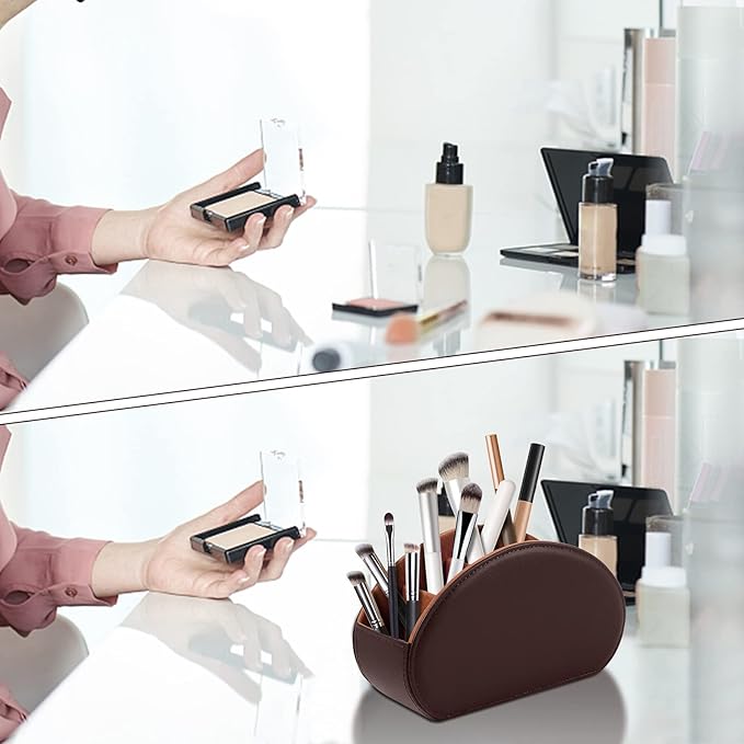 Tv Remote Holder Tray with 5 Compartment,PU Leather Remote Control Holder/Caddy,Placed Media Remote Storage Box/Glasses/Makeup Brush/Office Products/Desktop Organizers Nightstand Decoration (Brown)