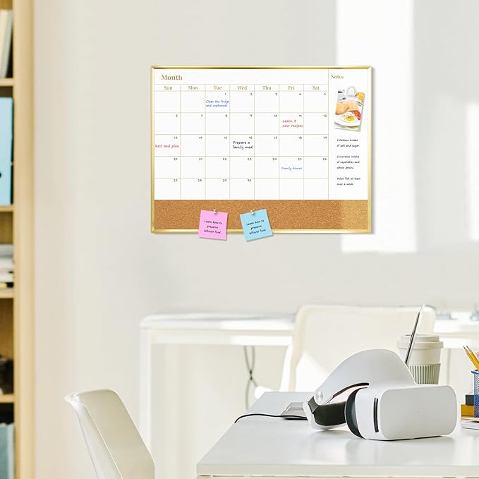 Small Dry Erase Calendar Whiteboard for Wall, 16'' x 12'' Monthly White Board Planner with Gold Frame and Corkboard, Magetic Potable Wipe Board for Home Office School Dorm