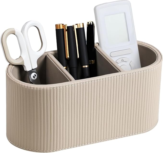 PU Leather Pen Holder with Compartments for Office White Pen Holder for Desk Decoration Multifunctional Pencil Organizer for Office Teacher Classroom Cosmetics Gifts Accessories Favor (Beige 1)