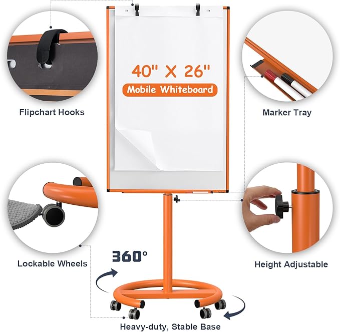 Mobile Whiteboard, 40x26 Inches White Board on Wheels, Magnetic Dry Erase Board with Stand, Portable Standing Dry Erase Board for Classroom, School, Office, Home, Teacher, with Flip Chart Paper