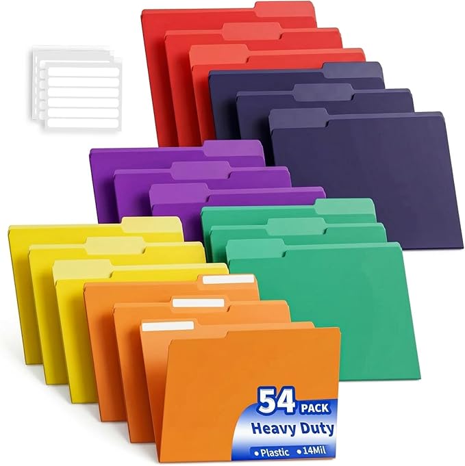 Binditek 54-Pack Heavy Duty Plastic File Folders, 1/3-Cut Tab Letter Size Colored File Folders, 14 Mil Thick, 6 Assorted Colors, for Office, Medical Records and Home Organization