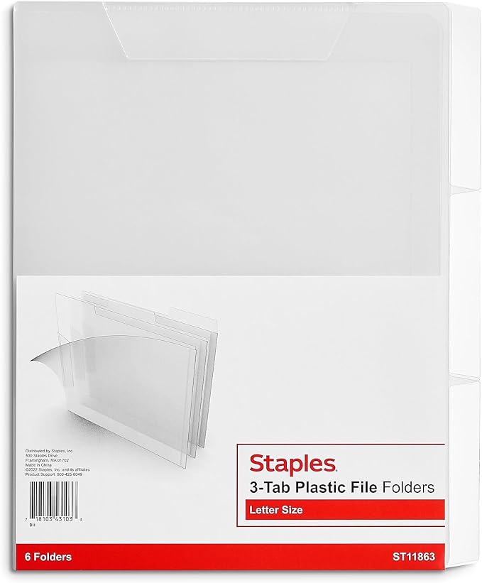 Staples Translucent Poly File Folders, Letter Size, Clear Durable Plastic, 6/Pack