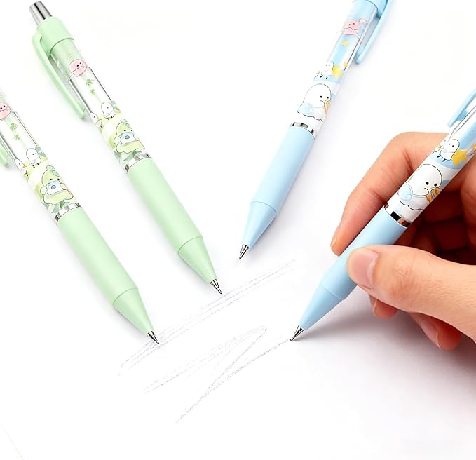 4Pcs Cute Green Mechanical Pencils with Eraser 0.5mm&0.7mm Kawaii Cartoon Mechanical Pencil School Pencil for School Office Writing Draft Drawing