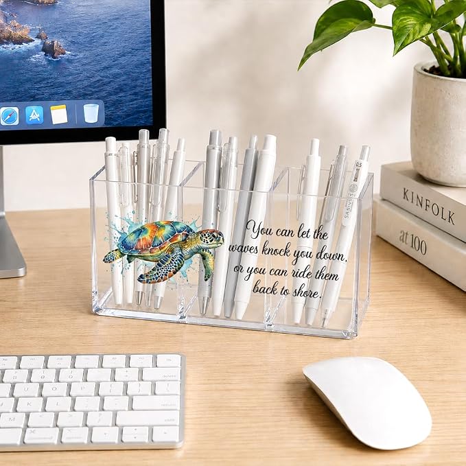 Sea Turtle Acrylic Pen Holder for Desk 3 Compartment, Inspirational Ocean Desk Organizer Decor for Office Home, Back to School Beach Sea Turtle Gifts for Women Men Coworkers Sisters Teachers
