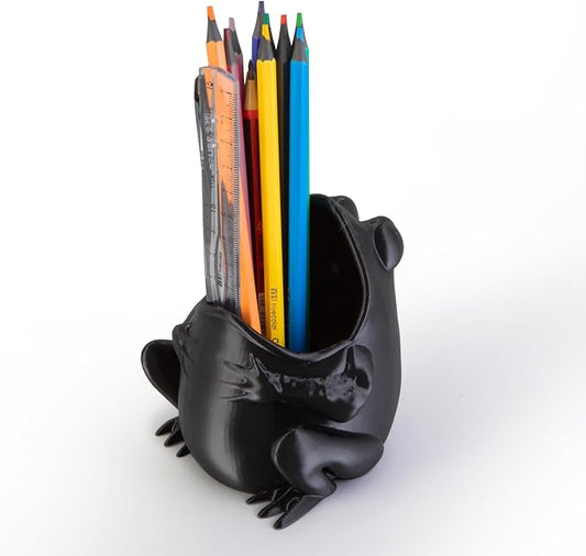 Cute Frog Pen Holder, Frog figurine Pencil Holder for Office Desk Decor, 3D Printed, Black, Durable and Fun Gift Idea
