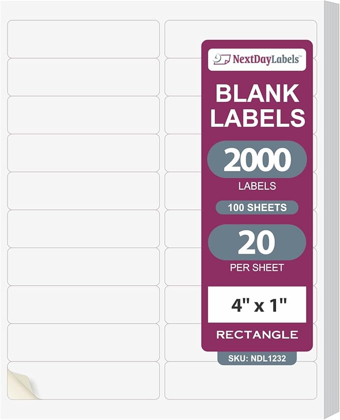 NextDayLabels 4x1 Inch Rectangle Stickers White Blank Labels for Laser Inkjet Printer - 20 Per Sheet Self-Adhesive Return Address Shipping Made in USA - 2000 Labels