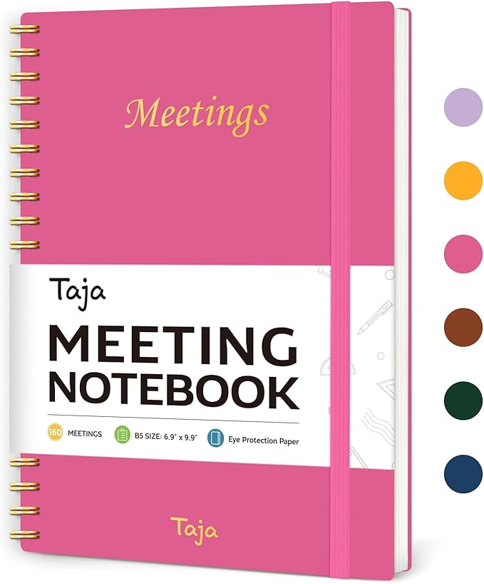 Taja Meeting Notebook for Work Organization - Work Planner Notebook with Action Items, Agenda Planner for Note Taking, 160 Pages (6.9" X 9.9") Project Organizer for Men & Women - Berry Pink