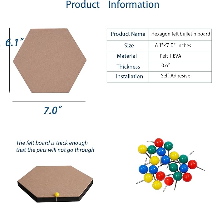 8Pcs Hexagon Felt Cork Board Tiles Self Adhesive Bulletin Board, Pin Board for Wall Decor Memos Photos Display (Set C)