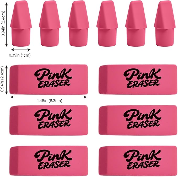 30 Pcs Pink Eraser Bulk Set – 6 Block Erasers and 24 Pencil Top Erasers, Smudge-Free, School Supplies for Students, Teachers, Drawing, Office, Homework Use (Pink)