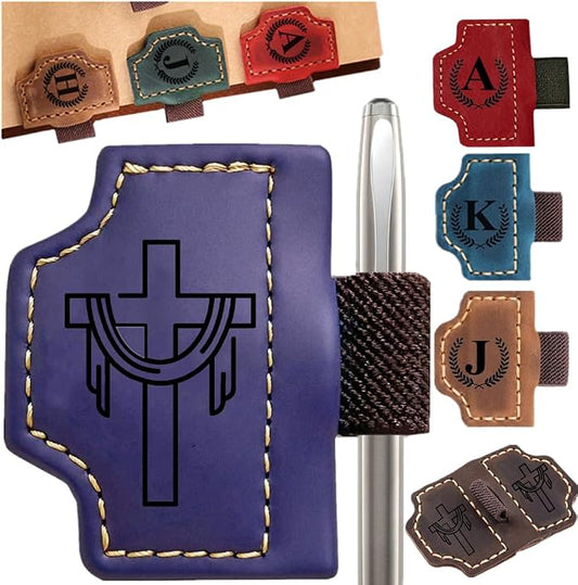 Custom Bookmark with Pen Holder with 26 Letters Personalized Magnetic Leather Book Mark, Customized Name Book Marker Clip with Initial for Men Women, Gifts for Book Lovers, Readers, (Purple, Cross-2)