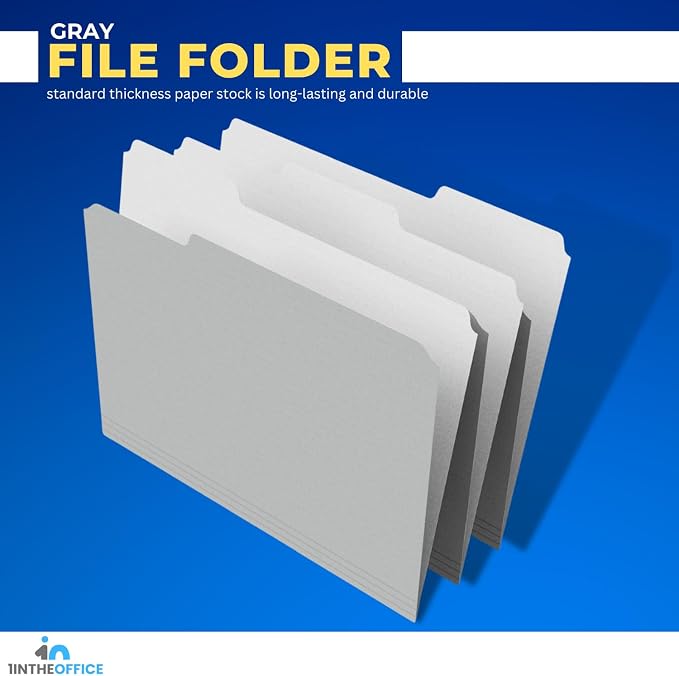 1InTheOffice Gray File Folders, 1/3 Cut Tab, Letter Size Filling Folder, 100 /Pack