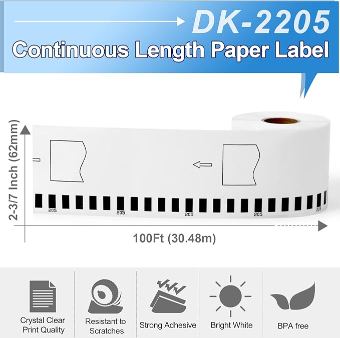 COLORTY 12 Rolls Compatible with Brother DK-2205 Continuous Paper Labels 2-3/7" x 100'(62mm x 30.48m), for Brother QL Label Printers QL-800 810W 820 820NWB 700 710W 600 1100nwb (12 Rolls + 1 Fram)