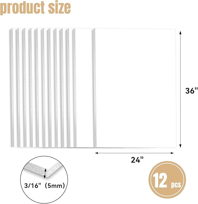 WEWLINE Foam Board 24×36×3/16" Thick, 12 Pack White Poster Board, 5mm Foam Core Board, Acid Free Double Sided Foam Board Sheets Perfect for Art Porject, Painting, Craft, Presentation