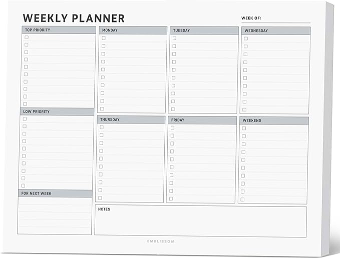 Weekly Planner Notepad, 8.5 x 11" Tear-Off Pad – 70 Undated Sheets, Daily Schedule Deck Organizer with Priorities, To Do List & Checklist for School, Work, Home (White, Checkbox, 1 Pack)