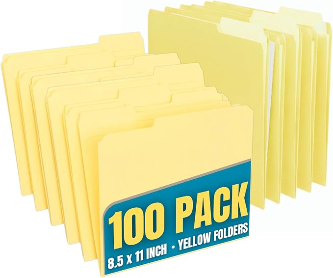 1InTheOffice Yellow Folders, File Folders Letter Size, Filling Folder, Top Tab, 1/3 Cut Assorted Tab, 100 Pack