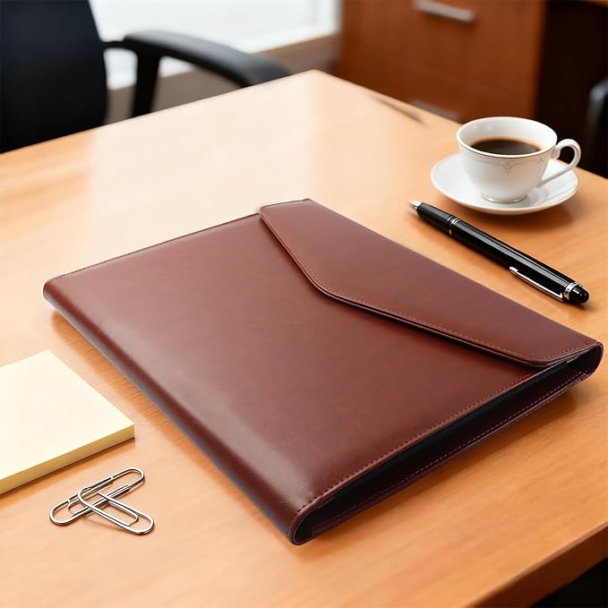 Professional Trifold Padfolio with Magnetic Closure – A4 Letter Portfolio Organizer for Business Meetings, Interviews & Presentations, Document Folder with Notepad Holder Brown