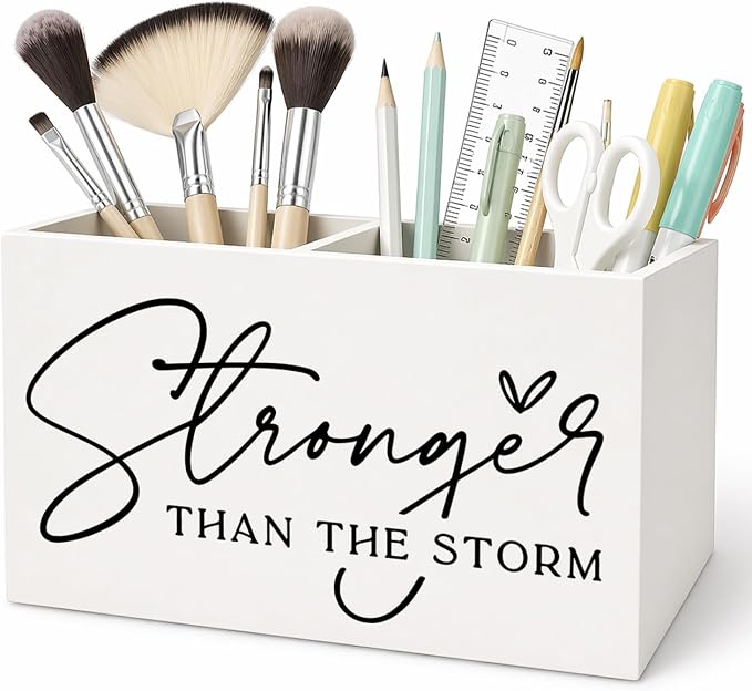 Inspirational Pen Pencil Holder for Desk, Inspirational Gifts for Women Men, Stronger Than the Storm Motivational Pencil Holders Wooden Box Organizer for Home Office Desk Tabletop