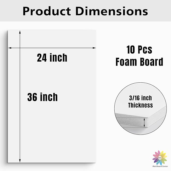 Mat Board Center Premium White Foam Core Board - 24x36 Inches, 3/16" Thick - 10 Pack, Acid-Free - Ideal for Mounting, Crafts, Art, and Presentations